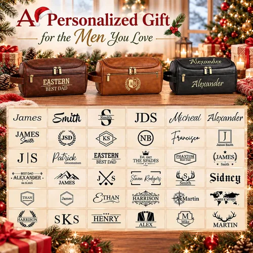 Vista 8 de Personalized Toiletry Bag for Men, Engraved Hanging Dopp Kit Negro