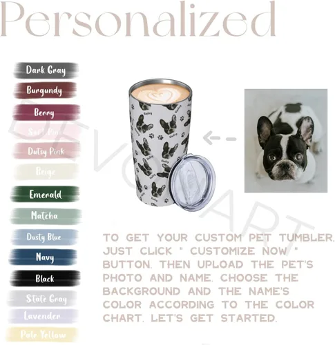Vista 2 de Vaso personalizado de acero inoxidable para fotos de mascotas con cara de perro, 20 onzas con tapa y popote para viajes, regalo para amantes