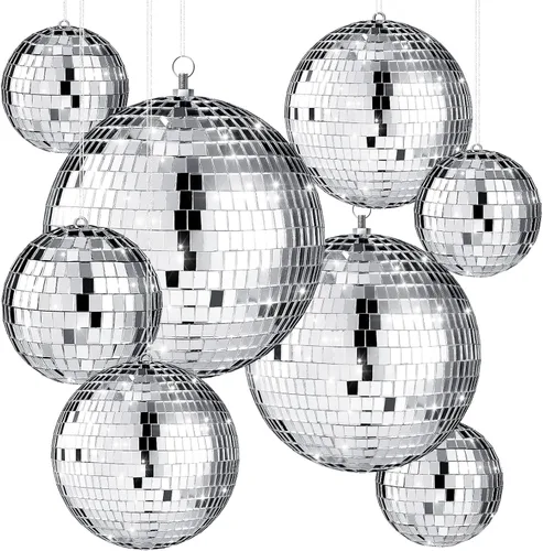 Vista 9 de Haull - Set de 8 bolas de discoteca grandes, bolas de espejo plateadas y reflectantes con anillo para colgar, ornamento para fiesta, decoración