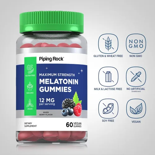 Vista 3 de Piping Rock Gomitas de melatonina de 12 mg 60 unidades Suplemento de máxima fuerza para adultos Sabor a bayas Veganas, sin OMG, sin gluten