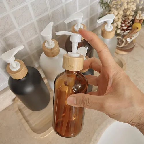 Vista 5 de 2 unidades de 8.5 fl oz/8.3 oz vacías recargables de vidrio marrón botella contenedor contenedor viales almacenamiento de olla con cabezal de bomba