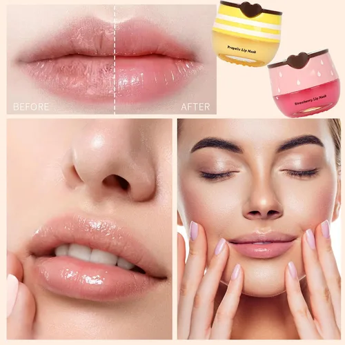 Vista 3 de 2 piezas de mascarilla labial de miel de abeja, mascarilla labial de miel y fresa, bálsamo labial de propóleo hidratante con palo - Exfoliante