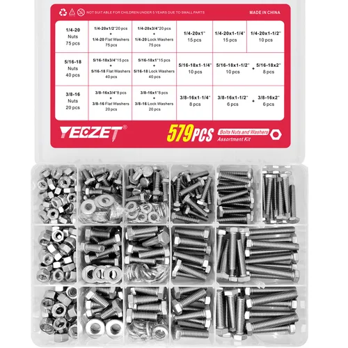 Vista 2 de Kit de 579 tornillos y tuercas 1/4-20 5/16-18 3/8-16 de acero inoxidable 18-8 resistentes tornillos hexagonales tuercas arandelas kit surtido
