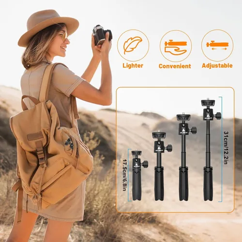 Vista 5 de Ailight Mini trípode de 11.2 pulgadas para iPhone, selfie stick con control remoto inalámbrico, portátil extensible, clip de teléfono mejorado