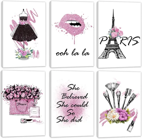 Vista 8 de HoozGee Juego de 6 pósteres enmarcados de maquillaje de moda, decoración de pared con marco de París, impresiones artísticas de pared