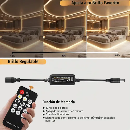 Vista 2 de Kit de tira de luces LED COB de color blanco cálido regulable de 16.4 pies con control remoto RF y fuente de alimentación UL 12V 3000K CRI93+ sin