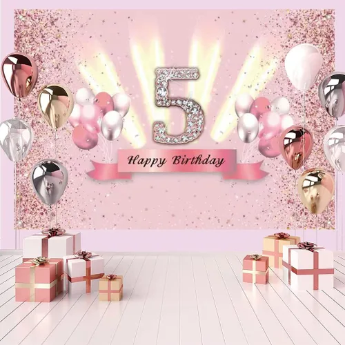 Vista 4 de Decoraciones de feliz cumpleaños 5 para niñas, pancarta de fondo para decoración de fiesta, póster de tela de aniversario, fondo de foto rosa
