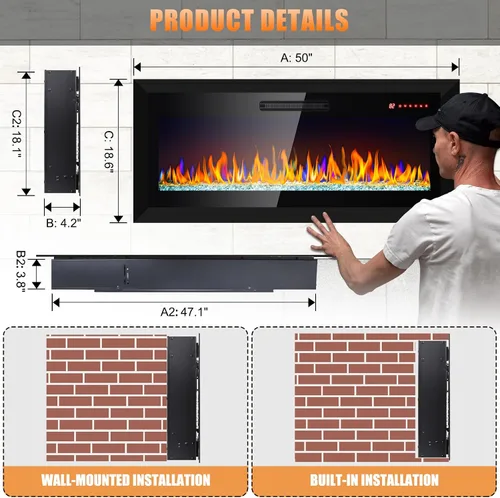 Vista 7 de Chimenea eléctrica, 50 pulgadas, empotrada y montada en la pared, calentador eléctrico de 1400 W con controles remotos, 16 colores de llama