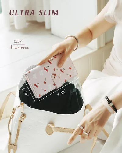 Vista 5 de Unilily Cartera delgada para mujer, con bloqueo RFID, de piel vegana, plegable, tarjetero con 2 ventanas de identificación y bolsillo con Lila