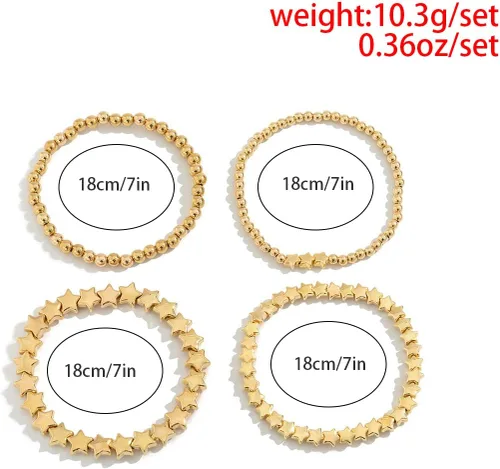 Vista 5 de Xerling 4 pulseras de cuentas doradas para mujer, pulseras de cadena de bolas de estrellas para adolescentes y niñas, pulsera elástica elástica