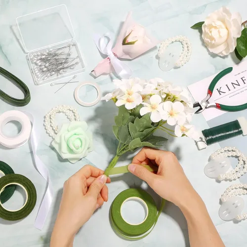 Vista 7 de Paxcoo Kit de herramientas de cinta floral y arreglo de alambre floral con cinta verde, alambre floral, alfiler de flores de boutonniere, cortador