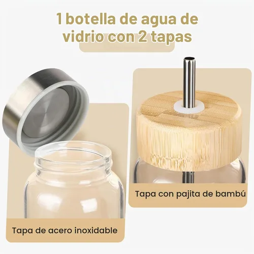 Vista 2 de Botella de agua de vidrio de 32 onzas con popote, reutilizable, ecológica, sin bisfenol A, botellas de agua de vidrio de borosilicato con 2 tapas