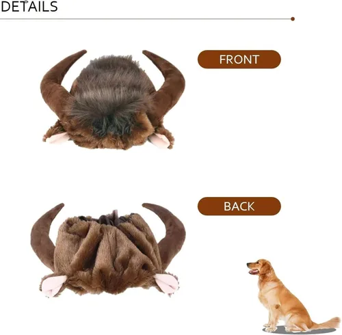 Vista 5 de Peluca de cuerno de perro de Halloween, disfraz suave de perro de toro, gorro cálido de invierno, peluca de perro, ropa para mascotas, divertido