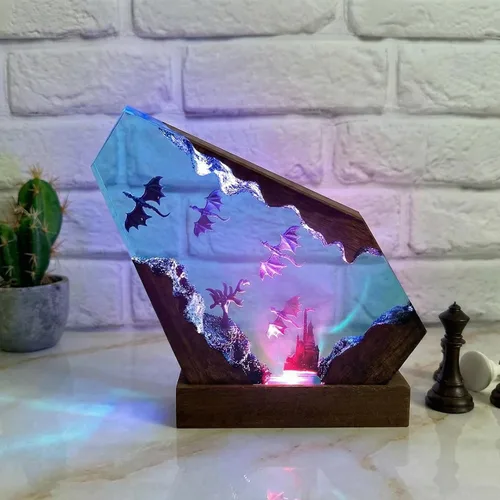 Vista 12 de Lámpara de Luz de Madera con Resina Epoxi Creativa del Océano, Lámpara de Océano Acuático Multicolor Hecha a Mano para Entusiastas del Buceo
