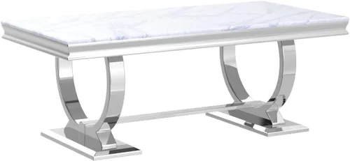 Vista 5 de Asday Mesa de centro plateada, mesa rectangular gris para sala de estar con base en U de metal espejo plateado, mesa de centro para sala de estar