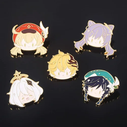 Vista 3 de Broche Hutao - Broche esmaltado de personajes Hutao para cosplay, broche de solapa, regalo para fanáticos, mujeres y niñas (5 unidades)