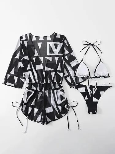 Vista 6 de SheIn Traje de baño de 3 piezas para mujer, conjunto de bikini halter con cubierta de traje de baño de tres piezas
