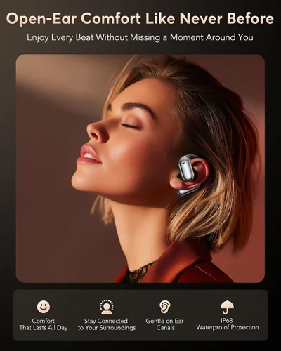 Vista 2 de Auriculares inalámbricos Bluetooth ultra abiertos, ergonómicos Pro sobre la oreja con diseño de silicona similar al aire, auriculares de conducción