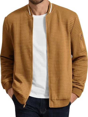Vista 9 de COOFANDY - Chaqueta de suéter con cremallera para hombre, sudadera acanalada, bomber ligera, casual