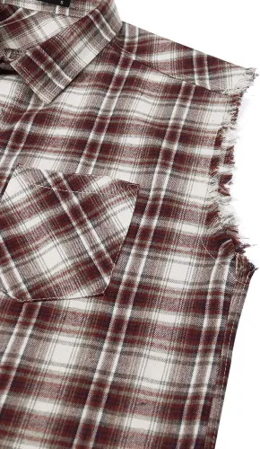 Vista 4 de Camisa sin mangas a cuadros para hombre, camisas vaqueras con botones