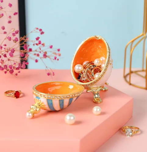 Vista 5 de Cajas de joyería con forma de huevo de Pascua azul con bisagras con diamantes de imitación en forma de amor, esmalte de regalo para mujeres