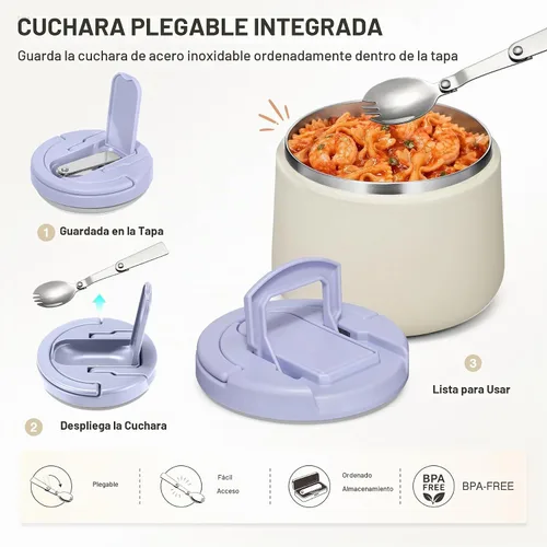 Vista 2 de Tarro aislado al vacío de 14 onzas con tapa de hebilla, termo de sopa para niños de comida caliente, boca ancha, a prueba de fugas, de acero Beige
