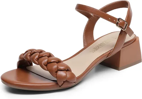Vista 26 de DREAM PAIRS Zapatos de tacón bajo para mujer con correa de tobillo y puntera abierta trenzada, tacón grueso, sandalias de tacón grueso para fiestas