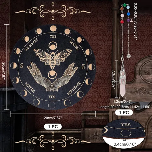 Vista 3 de AHANDMAKER Tabla de péndulo de bruja de 7.8 pulgadas, planchette de madera para radiestesia con péndulos de cristal de cuarzo rosa, herramientas