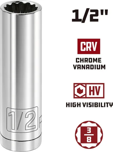 Vista 2 de Powerbuilt 3/8 de pulgada x 1/2 pulgada SAE Deep Socket, 12 puntos, cromo-vanadio, marca de tamaño - 940046