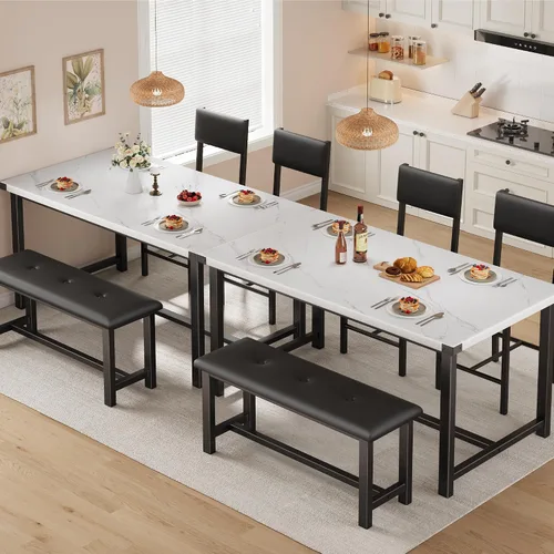 Vista 2 de Juego de mesa de comedor de madera Garvee para 4, mesa de cocina y 2 sillas tapizadas con banco, juego de comedor rectangular, para espacios Mármol