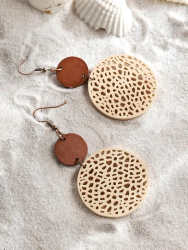 Vista 2 de Bohemian Hollow Cut-Out Wood Leather Dangle Drop Earrings, Boho Chic Hippie Statement Jewelry Gift for Women S01A
