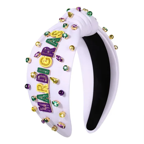 Vista 10 de MOLOCH Diadema de Mardi Gras para mujer, con cuentas moradas, amarillas, verdes, estrellas, diadema anudada, carnaval, joyería de cristal, nudo