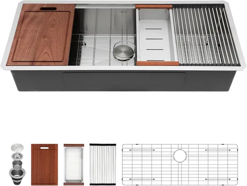 Vista 15 de Sarlai Fregadero de cocina empotrado de 30 pulgadas dorado - Fregadero de cocina de 76,2 cm x 45,7 cm con repisa para estación de trabajo de acero