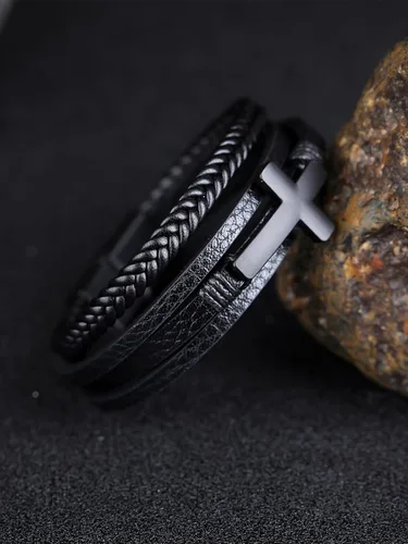 Vista 4 de Pulsera de cuero para hombre con cruz trenzada de varias capas con cierre de acero inoxidable, regalos religiosos cristianos para él
