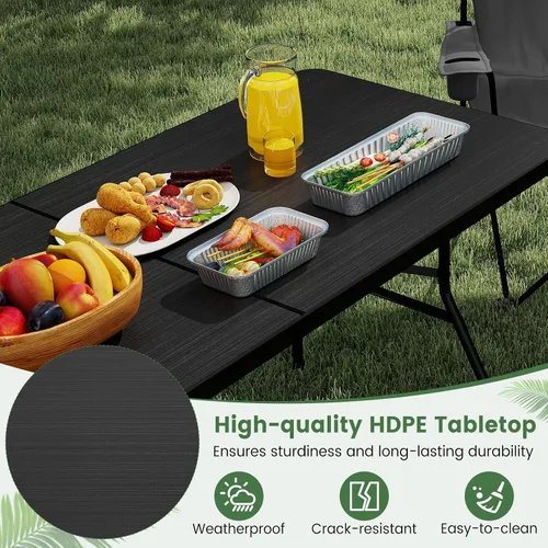 Vista 4 de GYMAX Mesa plegable de 6 pies, mesa de campamento portátil ligera con asa de transporte, fácil de plegar rectangular para interiores y exteriores