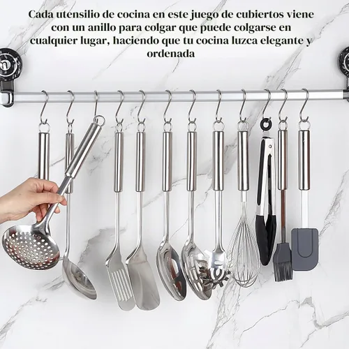 Vista 7 de Juego de utensilios de cocina, 39 piezas de acero inoxidable, espátula de cuchara con soporte de utensilios de acero inoxidable resistente, apto