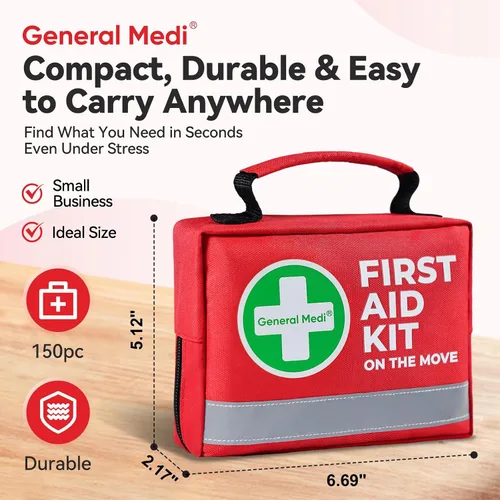 Vista 3 de General Medi Botiquín de primeros auxilios - 150 piezas pequeño y compacto. Incluye paquete frío instantáneo, manta de emergencia para viajes