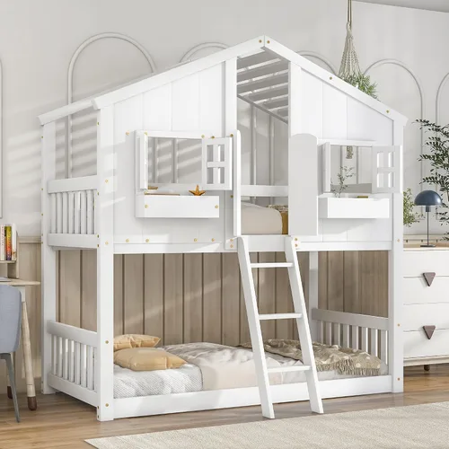 Vista 21 de Cama de Casa Tamaño Twin con Elegantes Ventanas y Estantería, Marco de Litera con Diseño de Castillo de Madera con Barandillas de Seguridad