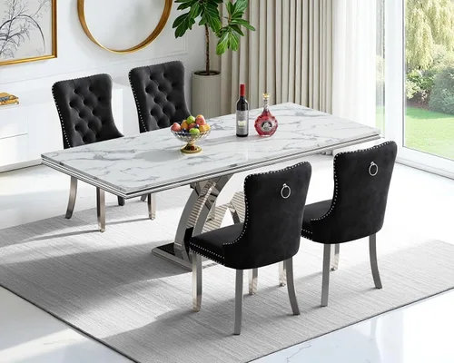 Vista 31 de Juego de 4 mesas de comedor blancas y doradas, mesa de cocina rectangular de 68 pulgadas con parte superior de mármol sintético blanco, mesa de Mesa