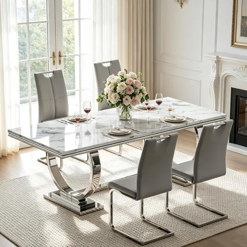 Vista 26 de Juego de mesa de comedor de mármol para 4, mesa de cocina rectangular de mármol blanco de 70 pulgadas con base en O de acero inoxidable dorado
