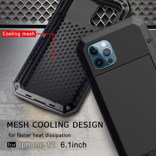 Vista 8 de Funda protectora de cuerpo completo para iPhone 12, resistente a los golpes, funda de metal de aleación de aluminio con protector de pantalla Negro