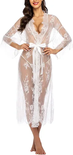 Vista 2 de Bata Avidlove tipo kimono, de encaje, camisón largo de lencería sexy, babydoll transparente para mujer