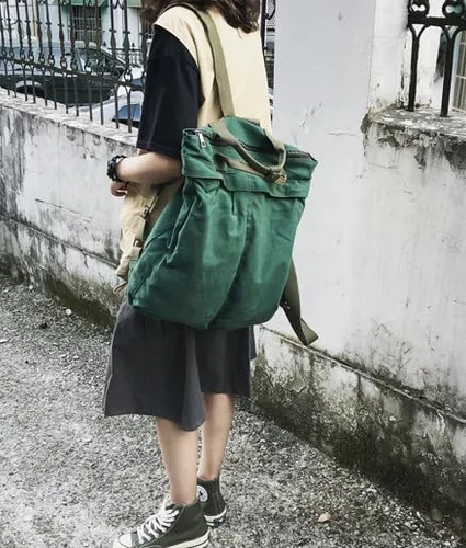 Vista 8 de Mochila de lona vintage para mujeres y hombres, bolsa de viaje casual de gran capacidad, de mezclilla, estilo grunge, senderismo, viajes (verde)