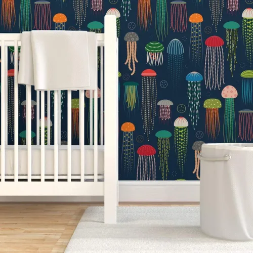 Vista 6 de Muestras de papel tapiz para despegar y pegar, medusas brillantes y modernas, animales coloridos océanos, natación, criaturas marinas, decoración