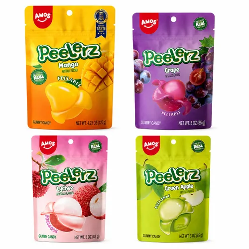 Vista 14 de AMOS Peelerz - Paquete variado de gomitas pelables, sabor mango, uva, manzana verde y piña, hecho con jugo de fruta real, 4 bolsas, 13.22 oz (375 g)
