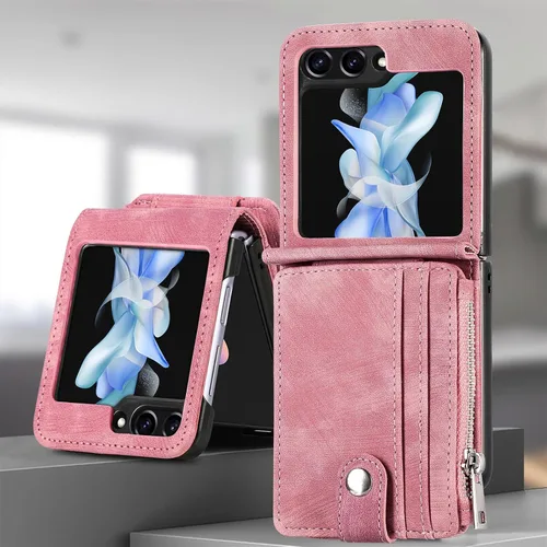 Vista 3 de Fundas para Galaxy Z Flip 5 Funda tipo cartera con tarjetero retro 2 en 1 con cremallera desmontable Flip Wallet Kickstand Premium PU Funda