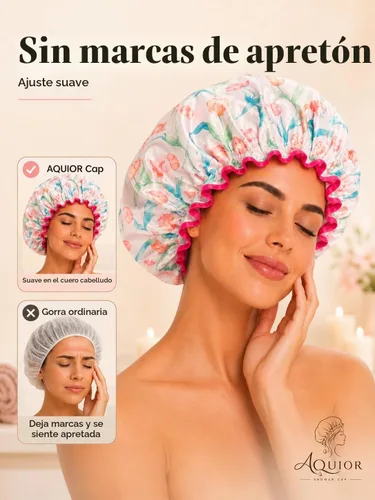 Vista 3 de Aquior Gorro de ducha para mujer, impermeable, reutilizable, con elástico suave, tamaño grande para cabello largo, bonito gorro de baño para ducha