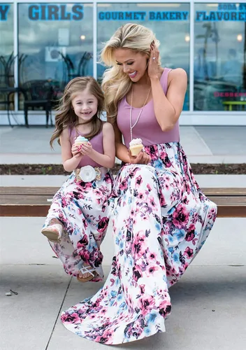 Vista 3 de YMING Vestidos a juego para mamá e hija, sin mangas, vestido estampado floral