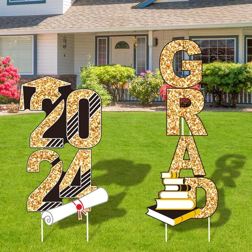 Vista 8 de URATOT 4 letreros azules de graduación 2024 con estacas brillantes de graduación para césped de graduación de clase de 2024, decoraciones de fiesta
