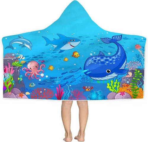 Vista 17 de Bonsai Tree Toalla de playa con capucha de tiburón para niños, toalla de baño con capucha de peces marinos frescos para niños, divertidos animales